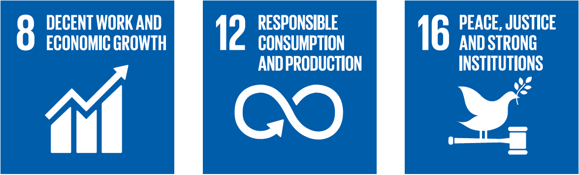 8 Decent work and economical growth. 12 Responsible consumption and production. 16 Peaice, justifce and strong institutions.