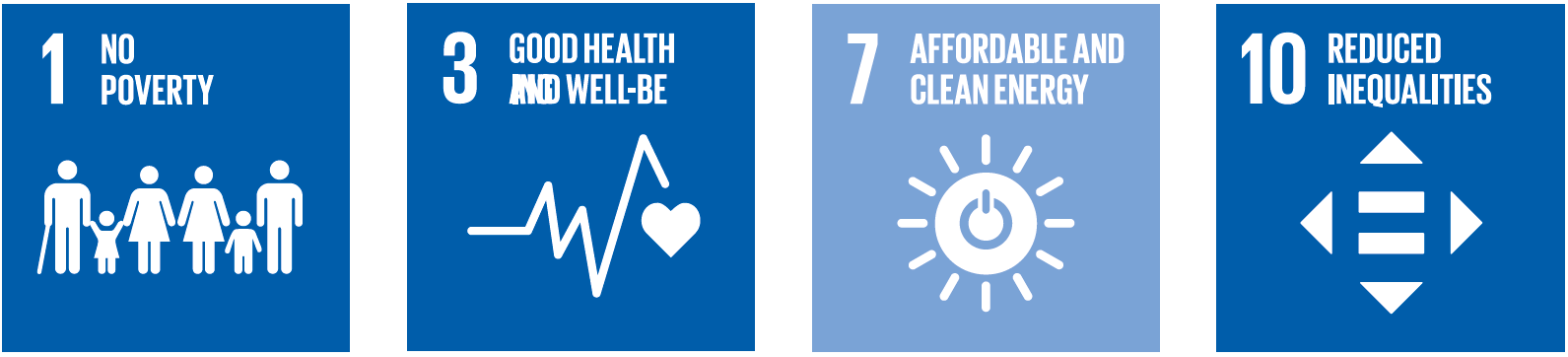 1 No poverty. 3 Good health and well-be. 7 Affordable and clean energy. 10 Reduced inequalities